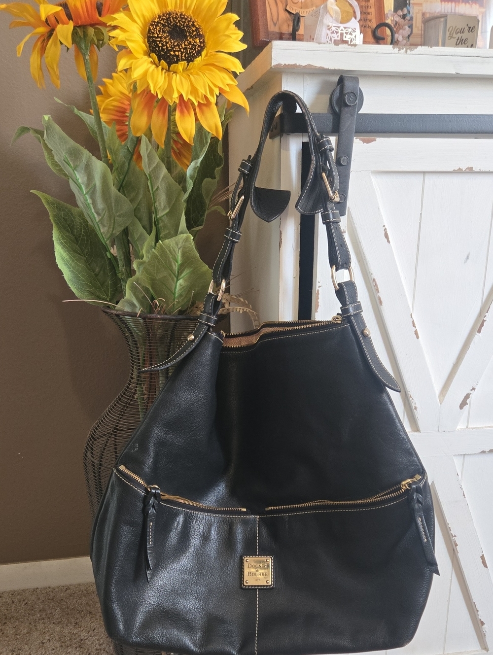 Dooney & Bourke Black Leather Shoulder Hobo with Gold Hardware